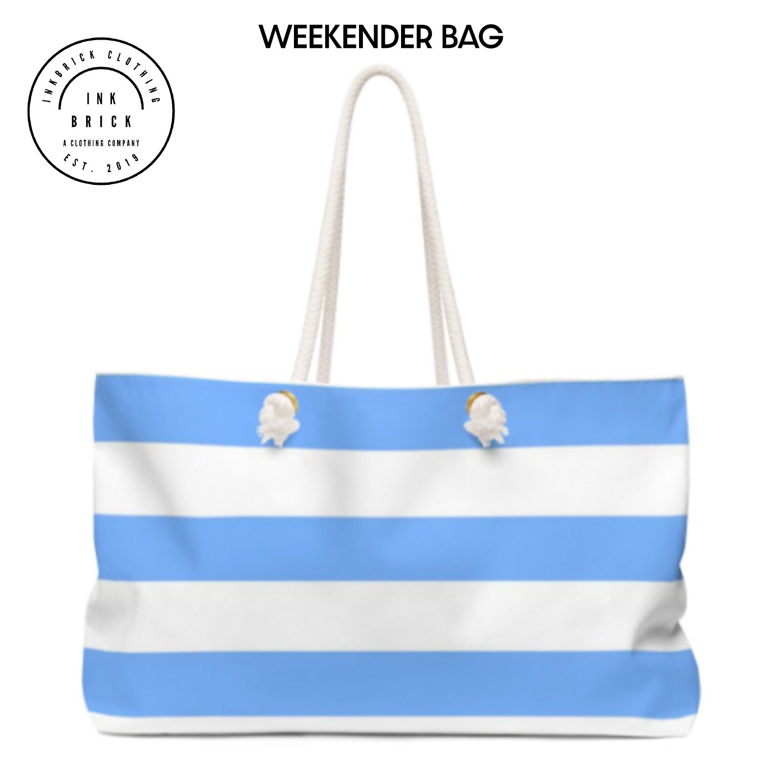blue and white striped diaper bag