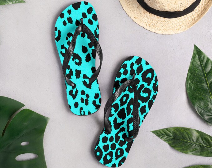 Blue Cheetah Flip-Flops CHEETAH FLIP FLOPS Animal Print Leopard Print Cheetah Spotted Sandals Beachwear Accessories Footwear Shoes Sandals