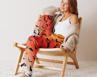 Bat Print Pajama Pants: Silky Polyester, Gothic Halloween Sleepwear Womens Pajama Pants