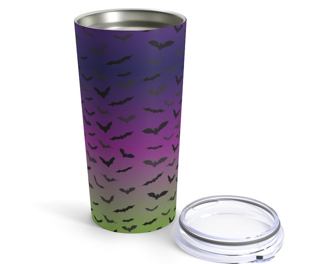 HALLOWEEN TUMBLER MUG Bat Print Halloween Bat Tumbler 20oz Stainless Steel Travel Mug with Lid Hot and Cold Beverages Purple Green Gift Mug