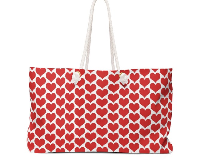 LOVE TOTE Heart Print Weekender Bag Oversized Tote Beach Bag Wet Bag Travel Tote Purse Beachwear Pool Accessories Gift for Her Red and white