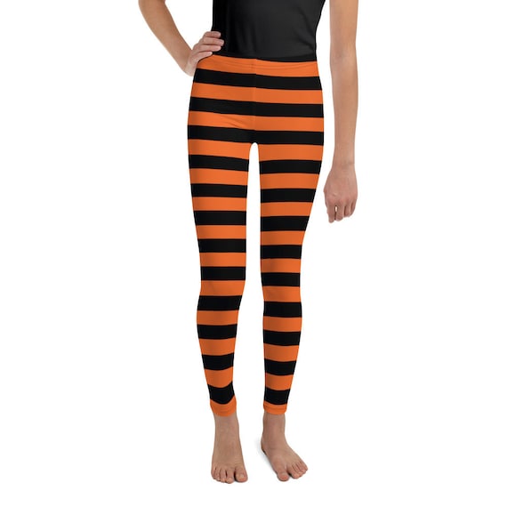 HALLOWEEN STRIPED LEGGINGS Girls Youth Leggings for Kids Junior Leggings  for Pre Teen and Kids Orange and Black Witch Striped Leggings 