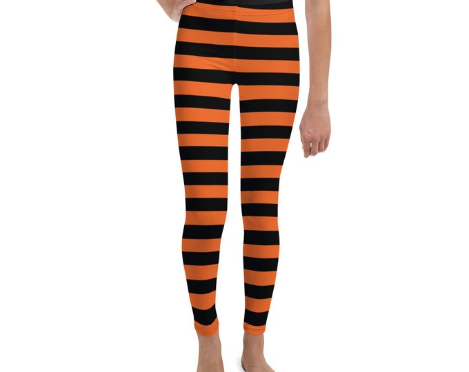 HALLOWEEN STRIPED LEGGINGS Girls Youth Leggings for Kids Junior Leggings for Pre Teen and Kids Orange and Black Witch Striped Leggings