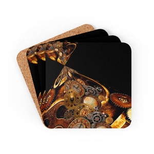 Steampunk Coasters: Gears and Clocks Abstract Art, Set of 4