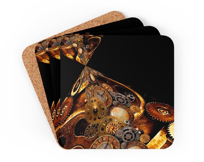 STEAM PUNK COASTERS Set of Four Steampunk Coasters Gears and Clocks Abstract Home Decor Futuristic Decorations Cyber Punk Tableware Gift