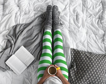 Christmas Elf Leggings: Green & White Striped Yoga Pants
