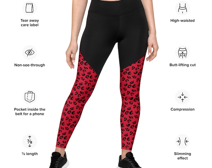 Red Cheetah Print Leggings WOMENS COMPRESSION LEGGINGS Sports Leggings Yoga Pants Womens Yoga Leggings Workout Leggings Work Out Leggings