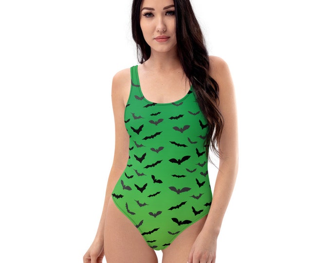 HALLOWEEN BAT SWIMSUIT Womens One-Piece Swimsuit Green and Black Bat Print Bathing Suit One Piece Swimwear Leotard Rave Clothing Bodysuit