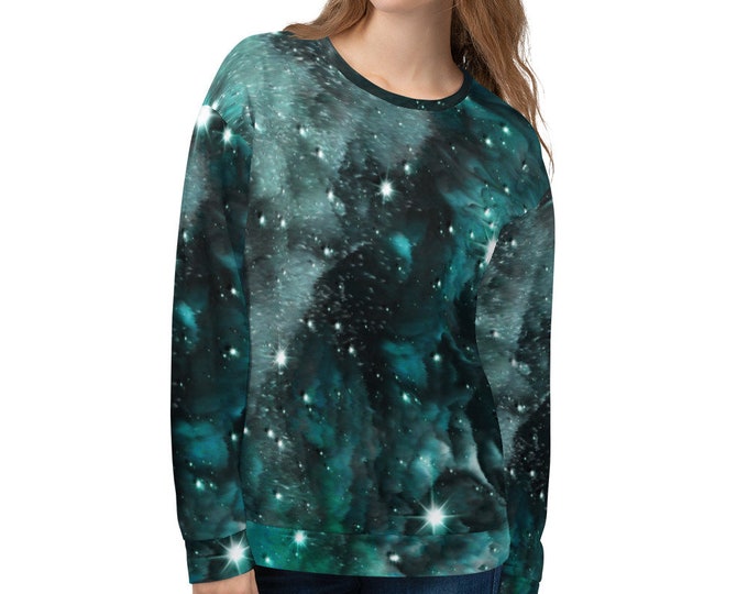 GALAXY SWEATSHIRT WOMENS or Mens Unisex Sweatshirt Galaxy Star Print Emerald Green Beachwear Streetwear Workout Clothing Festival Clothing