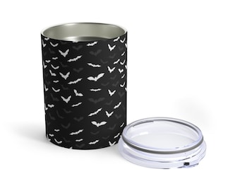 BAT TUMBLER MUG Black and White Bat Print Halloween Gift Mug Tumbler 10oz for Hot and Cold Beverages Gift for Halloween Bat Mug Halloween