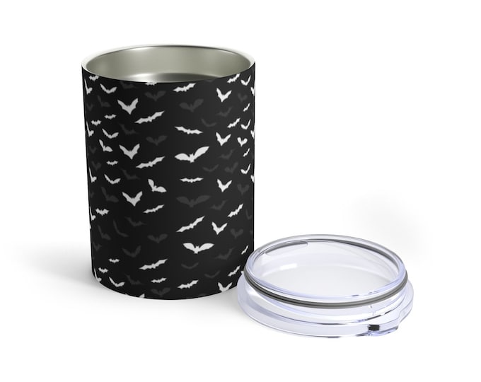 BAT TUMBLER MUG Black and White Bat Print Halloween Gift Mug Tumbler 10oz for Hot and Cold Beverages Gift for Halloween Bat Mug Halloween