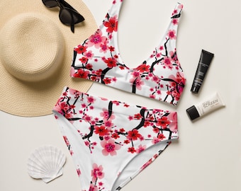 CHERRY BLOSSOM BIKINI Femme Taille Haute Bikini Haut & Bas Imprimé Floral Bikini Set Rose et Blanc Fleur Maillot de Bain Femme Maillot de Bain