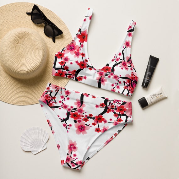 CHERRY BLOSSOM BIKINI Womens High Waisted Bikini Top & Bottom Floral Print  Bikini Set Pink and White Flower Swimsuit Womens Swimwear -  Canada