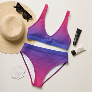 BIKINI DE CINTURA ALTA MUJER Ombre Bikini rosa y púrpura de cintura alta para mujeres TRAJE DE BAÑO de dos piezas Traje de baño de mujer