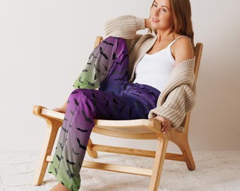 Halloween Pajamas Purple Green Black Bat Print Pajamas Women’s pajama pants Spooky Vibes Pajama Pants Sleepwear for Women Gift for Her