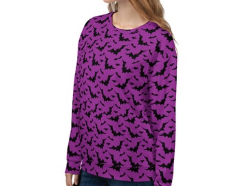 BAT SWEATSHIRT Purple and Black All Over Print Long Sleeved Sweat Shirt Womens Clothing Workout Sweatshirt Unisex Sweatshirt for Men or Wome