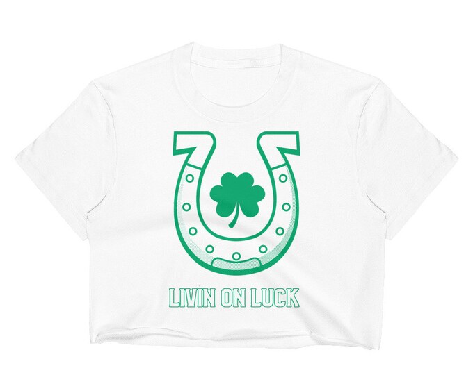 Women's Crop Top St Patricks Day TEE SHIRT Lucky Horseshoe Shamrock CLOVER Top Paddy's Day Top Womens Cropped Tee Shirt for St Patricks Day