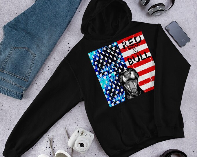 American FLAG Pitbull Red White and BULL HOODIE for Men or Women Patriotic Clothing Gildan 18500 Unisex Heavy Blend Hooded Sweatshirt