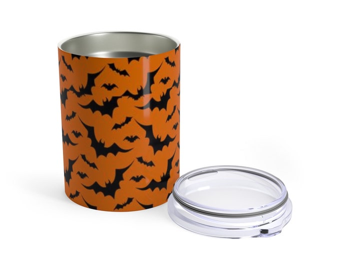 Halloween BAT Tumbler 10oz ORANGE and BLACK Bat Print Travel Mug Insulated Stainless Steel Tumbler To Go Cup Gift for Best Friend Bat Mug