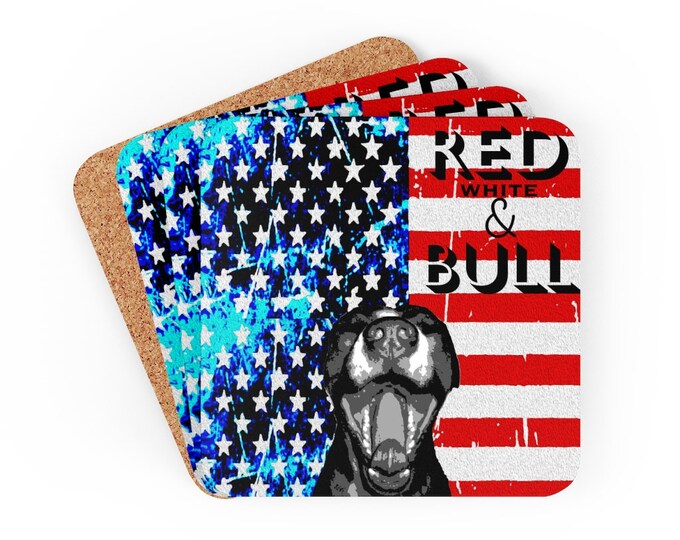 American Pitbull COASTER Set - Red White and Bull - American Flag Coasters - Dog - Coaster Set of 4 - USA Patriotic Coasters - Pitbull Lover