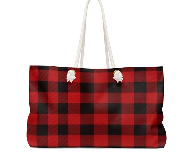 RED BUFFALO PLAID Weekender Bag Tote Oversized Tote Red Plaid Buffalo Plaid Tote day Bag Beach Bag