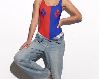 Harley Quinn Swimsuit: Red and Blue Harlequin Cosplay Bodysuit Women’s One Piece