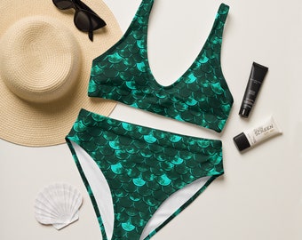 Green Fish Scale Bikini: High Waisted Two Piece Swimsuit