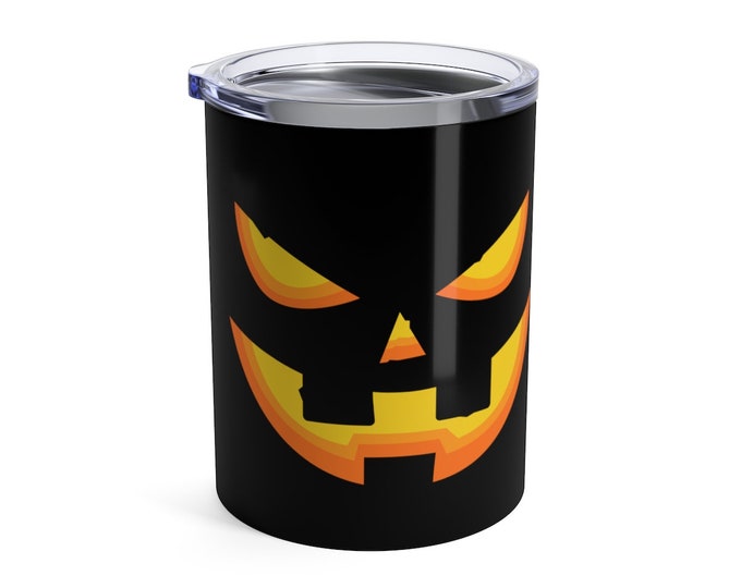 JACK O LANTERN Pumpkin Face Halloween Tumbler 10oz Black and Orange Stainless Steel Travel Mug Coffee Cup Insulated with Lid Hot and Cold