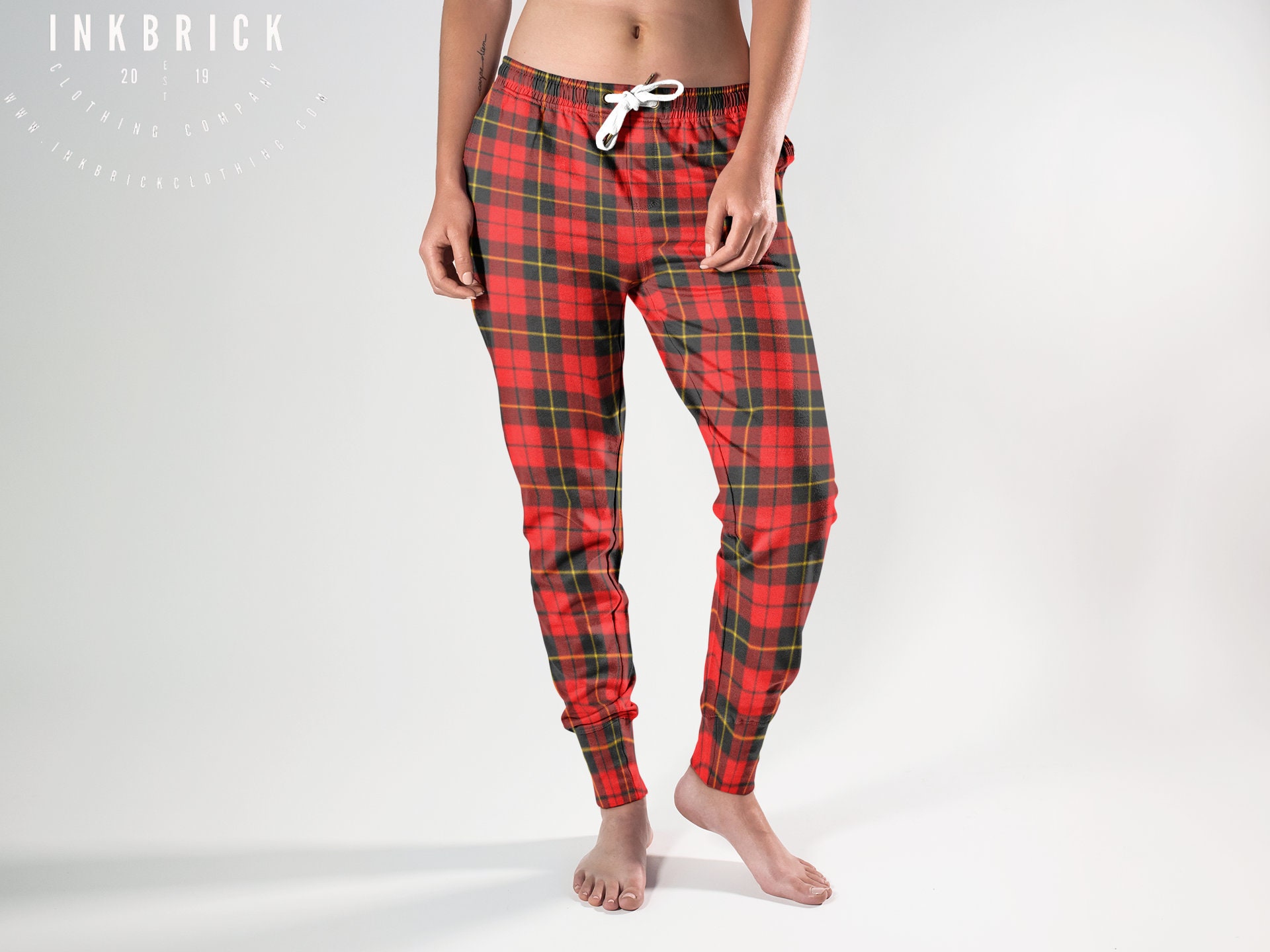 Adult Women Men Unisex Pajama Drawstring Pants Plaid Red White