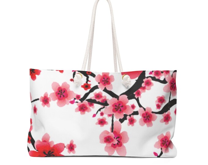 Weekender Bag CHERRY BLOSSOM Floral Pattern TOTE Oversized Tote Bag Pink and White Flower Travel Tote Beach Bag Wedding Tote Gift for Her