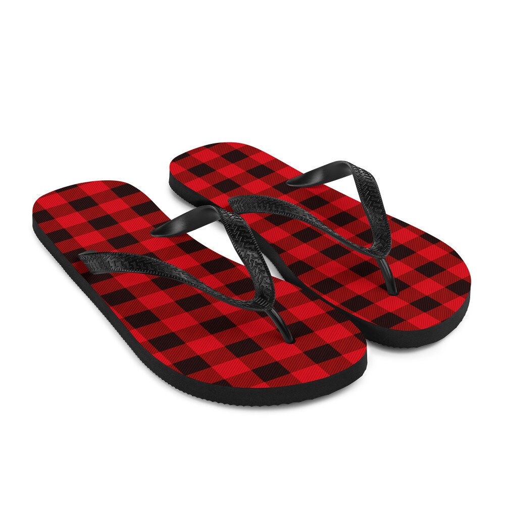 Red and Black BUFFALO PLAID Flip-Flops Unisex Thong Sandals for Men or ...