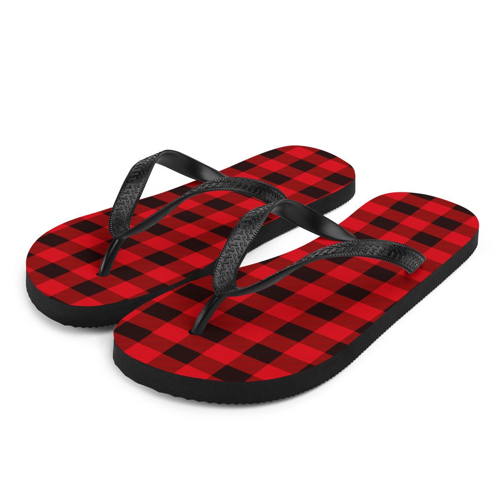 Red and Black BUFFALO PLAID Flip-Flops Unisex Thong Sandals for Men or ...