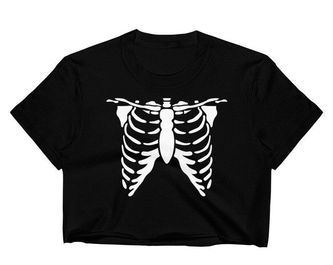 Women's Crop Top for HALLOWEEN Skeleton BONES Crop TOP Black and White Skeleton X-Ray Cropped Tee Shirt for Women Crop Top For Halloween