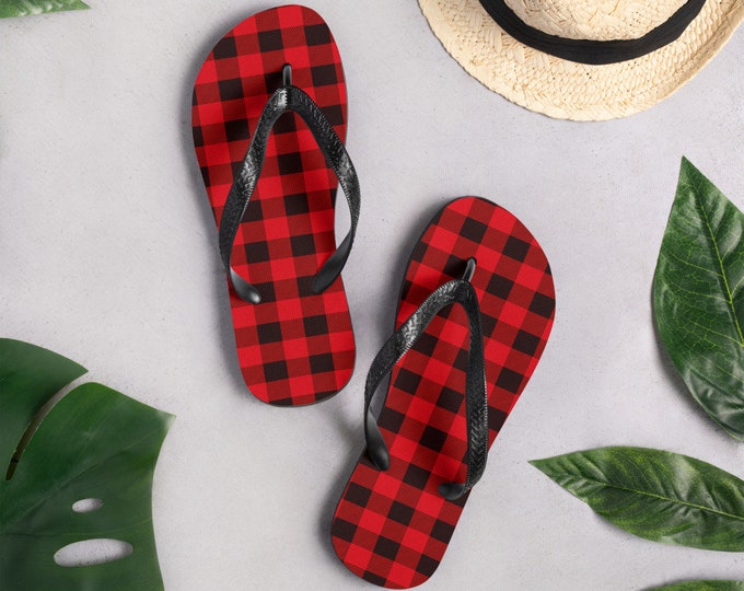 Red and Black BUFFALO PLAID Flip-Flops Unisex Thong Sandals for Men or Women Red and Black Buffalo Check Sandals Black Thong Flip Flops