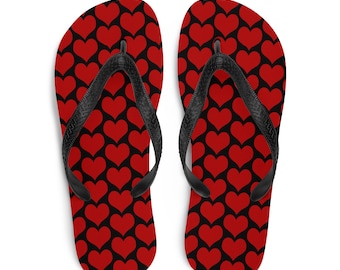 Valentines Day HEART Flip-Flops Black and Red Heart Print Thong FLIP-FLOPS Womens Sandals Beachwear Footwear for Men or Women Unisex Shoes