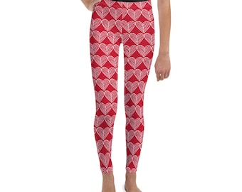 GIRLS HEART LEGGINGS Valentine's Day Heart Leggings Kids Leggings Youth Leggings Red and White Heart Print Leggings Valentines Day Gift