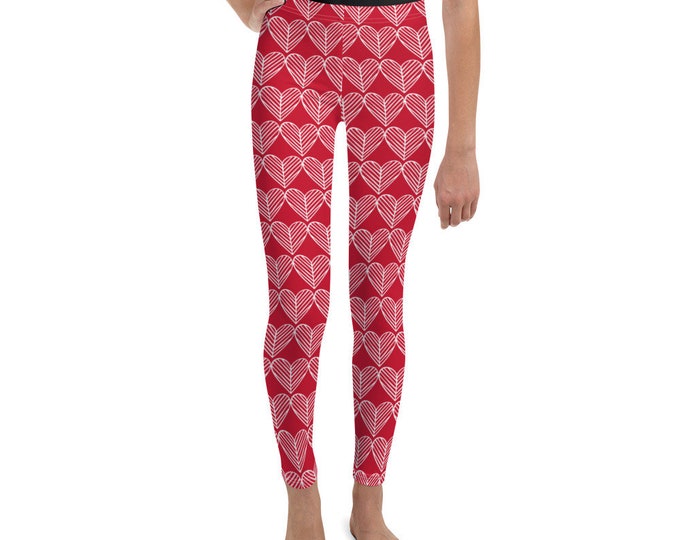 GIRLS HEART LEGGINGS Valentine's Day Heart Leggings Kids Leggings Youth Leggings Red and White Heart Print Leggings Valentines Day Gift