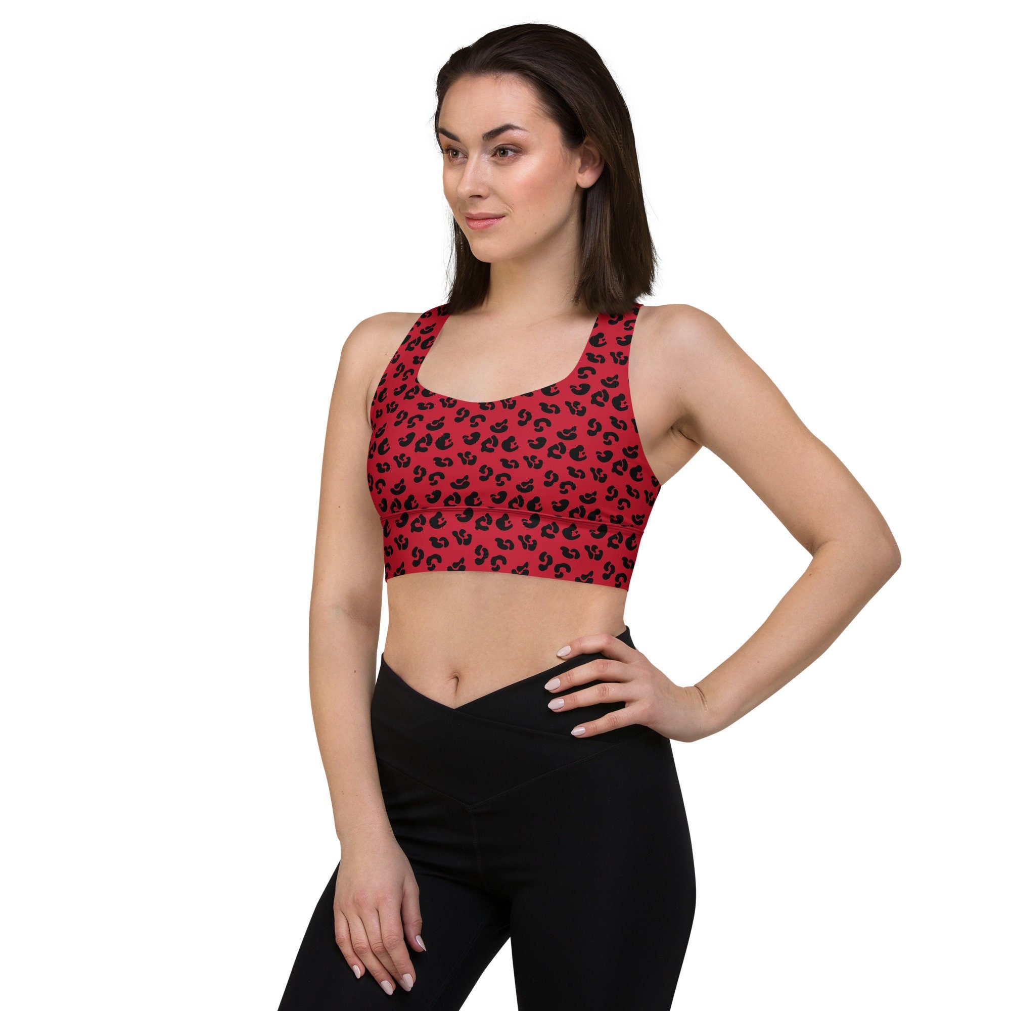 WOMENS SPORTS BRA / Crop Top Red and Black Cheetah Print Sports Bra Longline  Sports Bra / Bralette / Yoga Top Workout Top Cropped Top