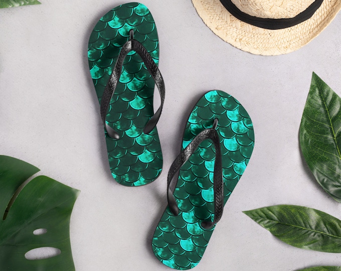 MERMAID FLIP FLOPS Mermaid Scale Thong Sandals Green Mermaid Ariel Sandals Unisex Flip-Flops Beachwear Fashion Accessories Womens Footwear