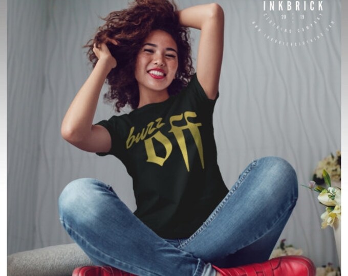 Buzz Off Statement Tee: Women's Metallic Gold Print, Long Body
