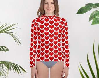 Valentines Day GIRLS SWIM TOP Long Sleeve Red and White Heart Print Rash Guard Kids Girls Pre-Teen Junior Girls Clothing Youth Rash Guard