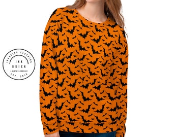 BAT SWEATSHIRT Orange and Black Crew Neck Sweat Shirt Bat Print Halloween Shirt for Men or Women Unisex Sweatshirt Back to School Shirt