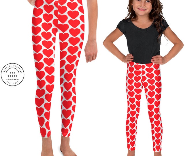 VALENTINES HEART LEGGINGS Red Heart Leggings Girls Leggings Baby Leggings Toddler Leggings Kid's Leggings Youth Leggings Pre-Teen Leggings