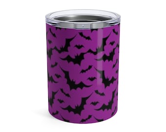 Purple and Black BAT Print HALLOWEEN Tumbler 10oz Stainless Steel Tumbler for Hot and Cold Beverages Insulated Travel Mug Gift For Halloween