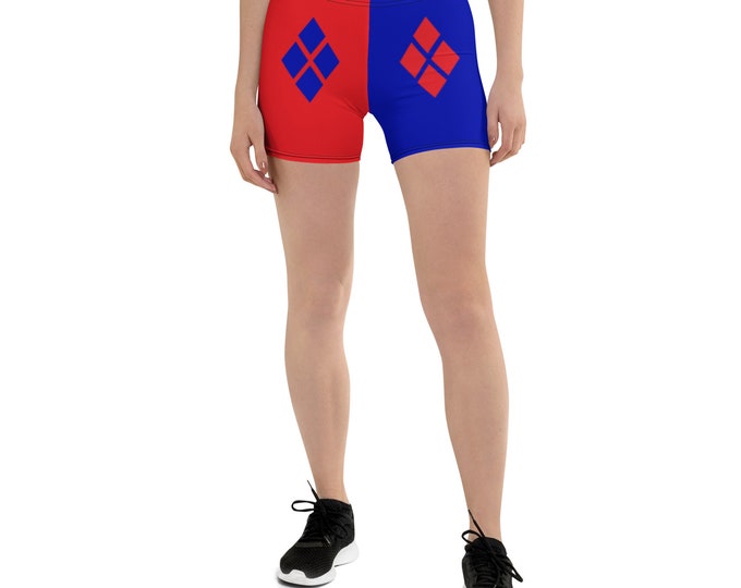 Harley Quinn SHORTS Womens HALLOWEEN Costume Womens Shorts Cosplay Harelquin Red and Blue Shorts Halloween Shorts Eco Fashion Spandex Shorts