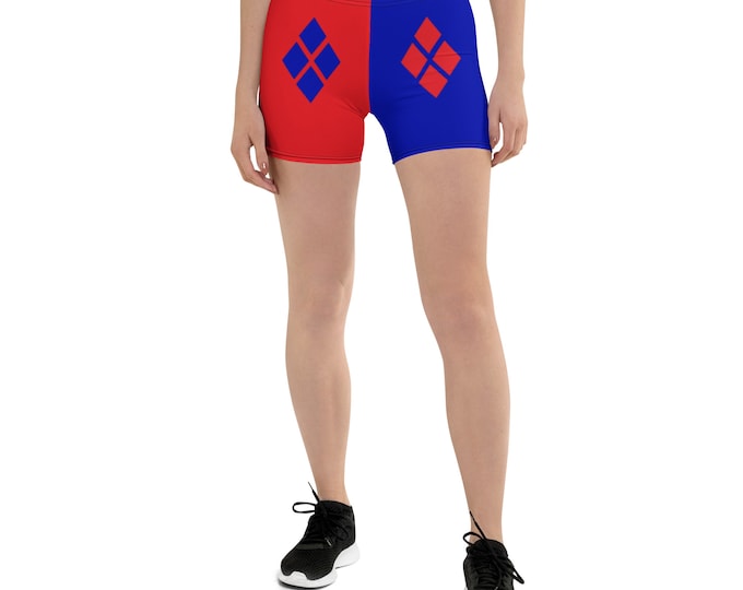 Harley Quinn SHORTS Womens HALLOWEEN Costume Womens Shorts Cosplay Harelquin Red and Blue Shorts Halloween Shorts Eco Fashion Spandex Shorts