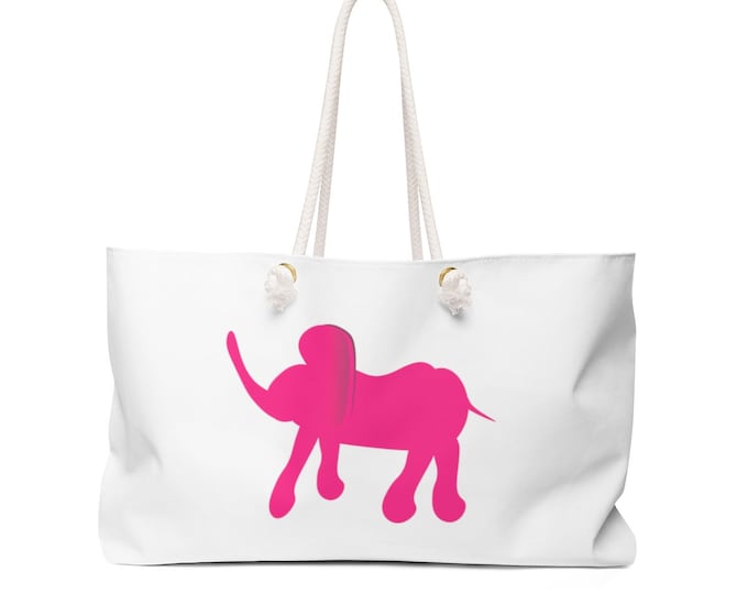 ELEPHANT TOTE BAG Pink Elephant Weekender Bag White and Pink Beach Bag Travel Tote Overnight Bag Day Bag Purse Gift for Her Designer Tote