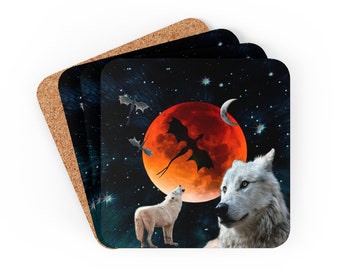 Green Set of 4 Coasters Howling Wolf At Full Moon 