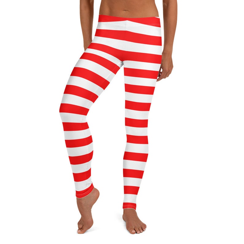 Red And White Striped Leggings CANDY CANE LEGGINGS Womens Red and White Striped Leggings Christmas