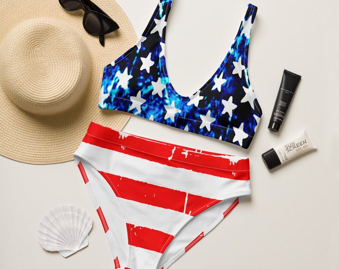 AMERICAN Flag BIKINI USA Bikini Red White and Blue High Waisted Bikini Womens Swimwear Two Piece Swimsuit Bathing Suit Fourth of July